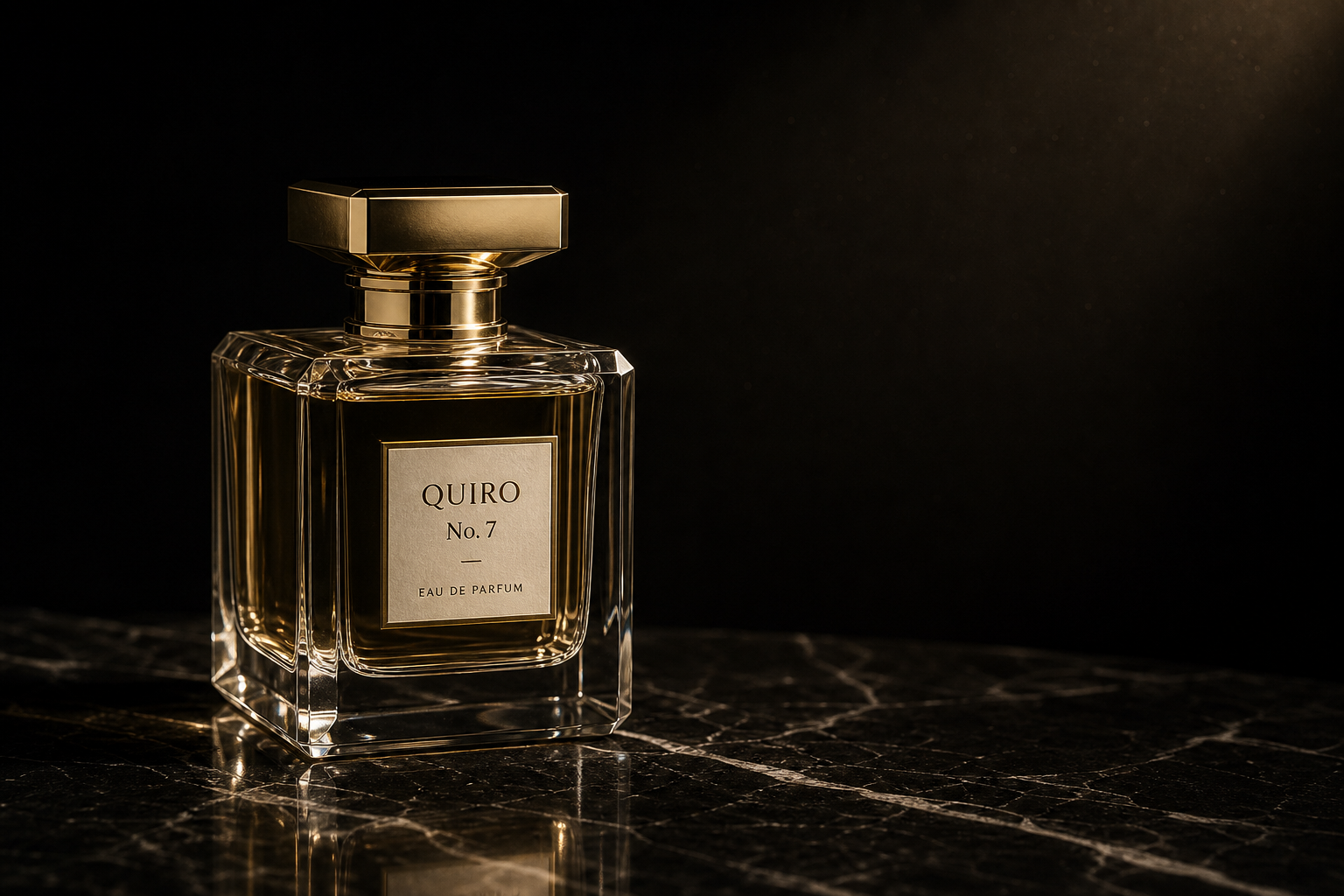 QUIRO No. 7 — Eau de Parfum sobre mármol negro